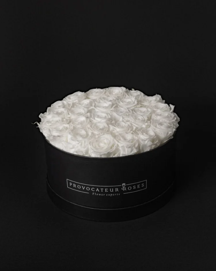 Round Box of Pure White Preserved Roses