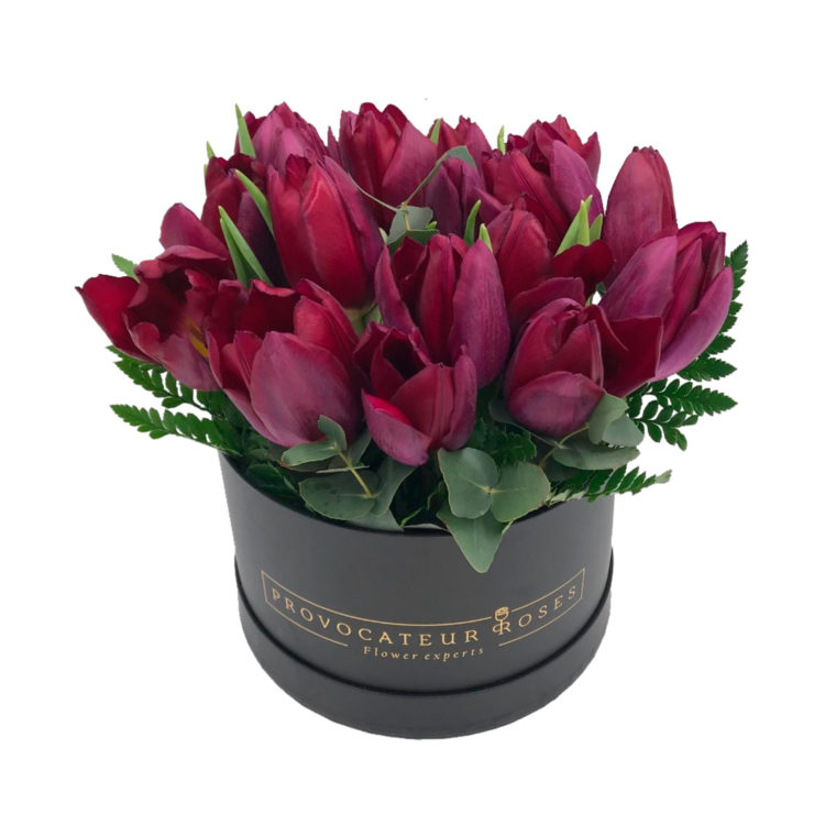 Caja de tulipanes morados