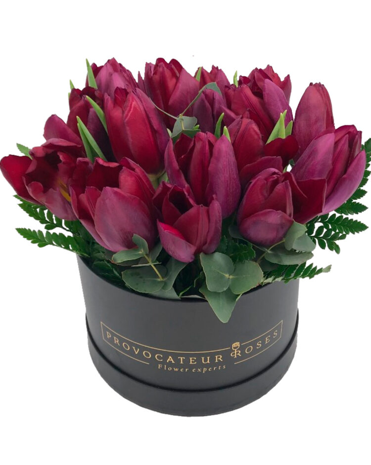 Caja de tulipanes morados