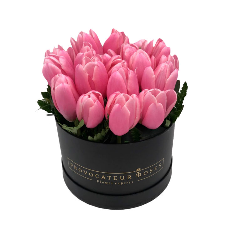 Caja de tulipanes rosas