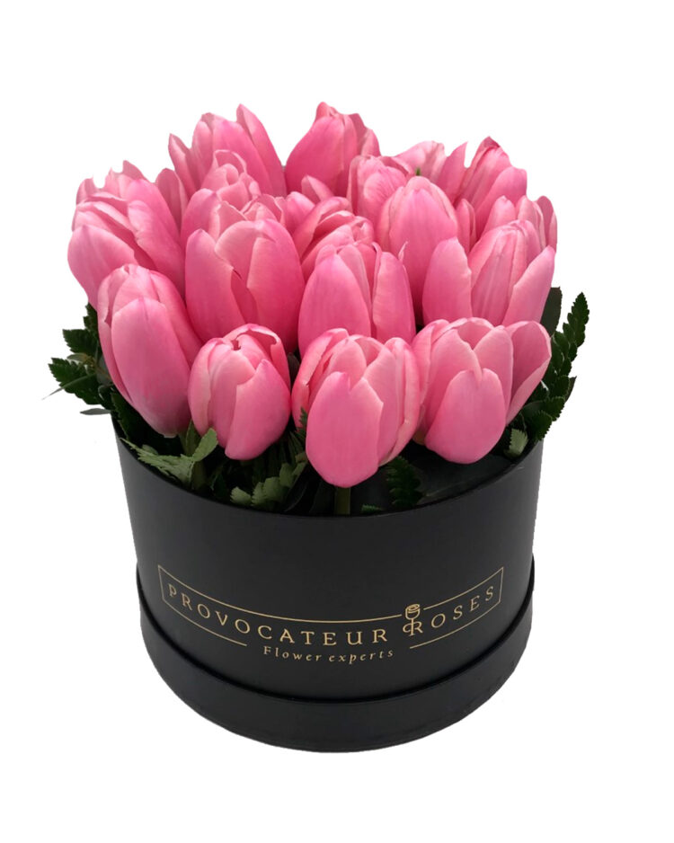 Caja de tulipanes rosas