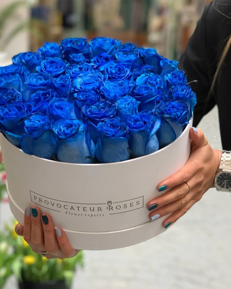 Round Box of Fresh Roses electric blue