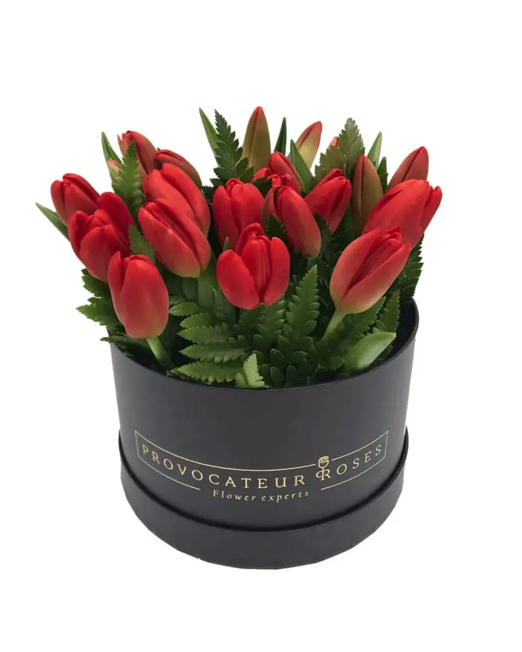 Box of red tulips