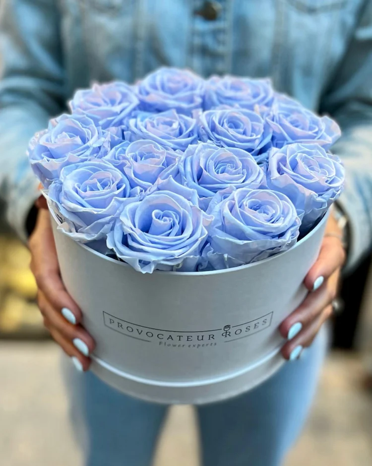 Round box of preserved baby blue roses