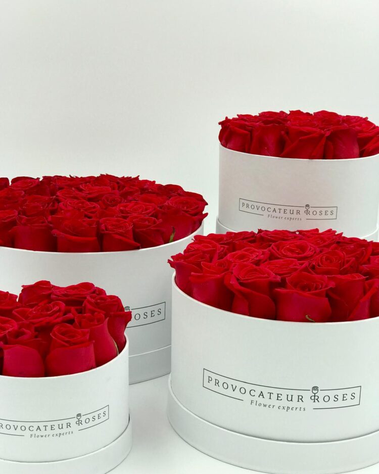 Caja Redonda blanca con rosas rojas frescas