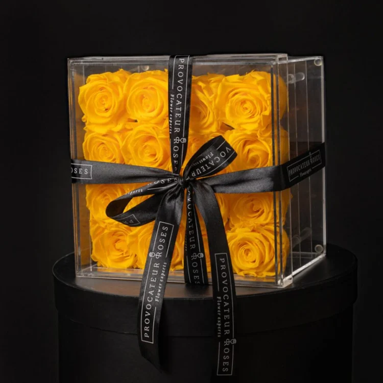Acrylic Box with 16 Yellow Preserved Roses