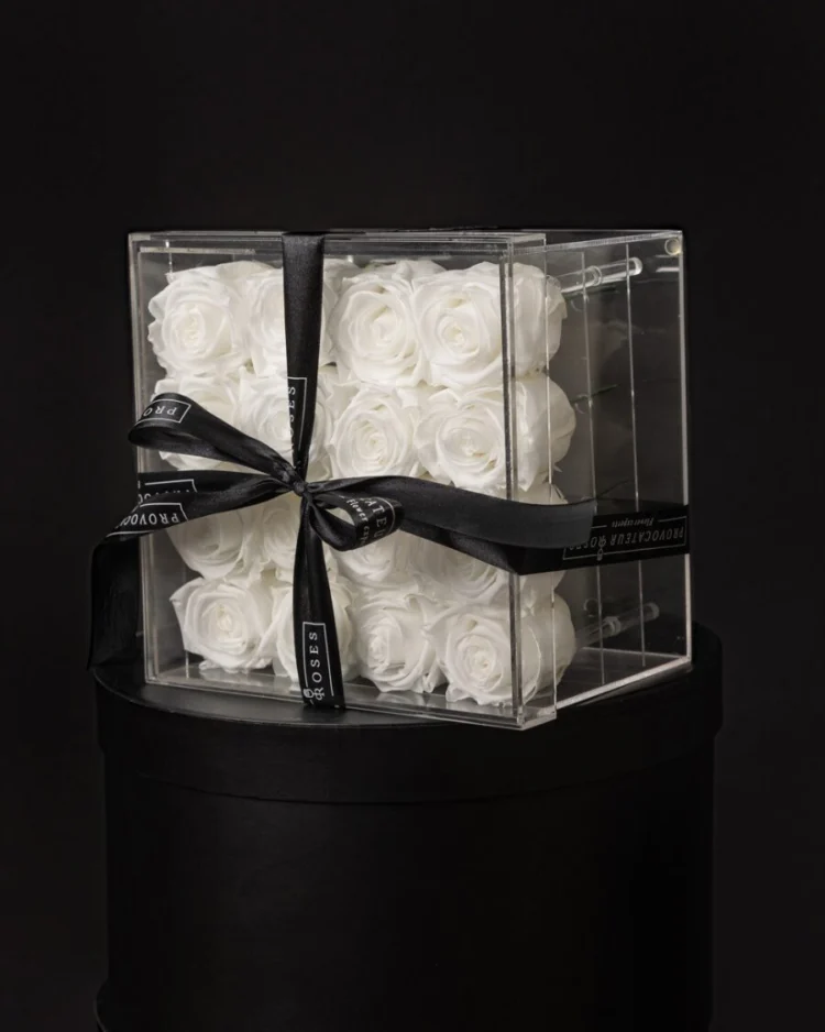 Acrylic Box with 16 White Preserved Roses