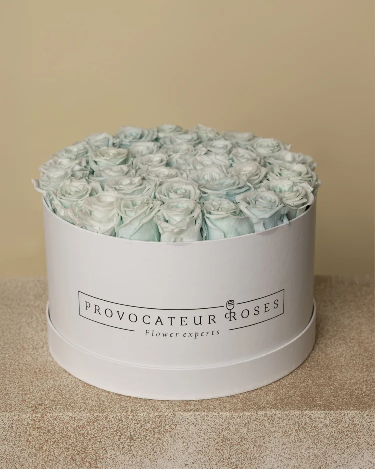 Round Box of Preserved Roses Light Blue
