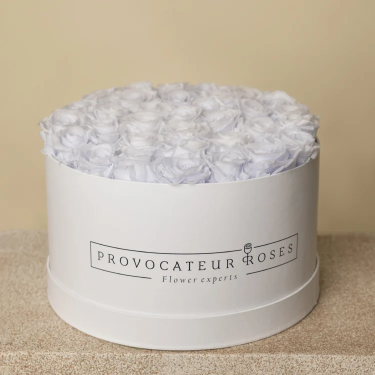 Round box of preserved lavender roses