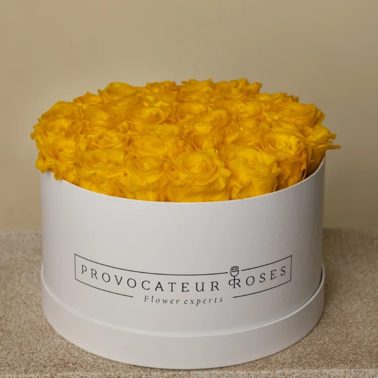Round box of yellow preserved roses