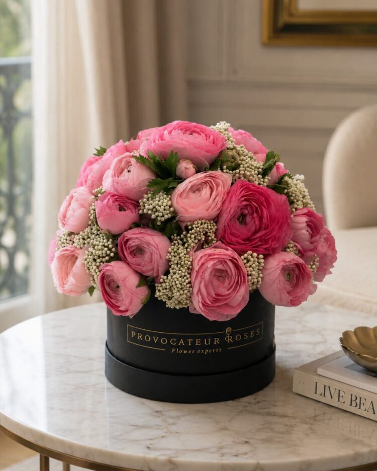Caja de ranúnculos rosas