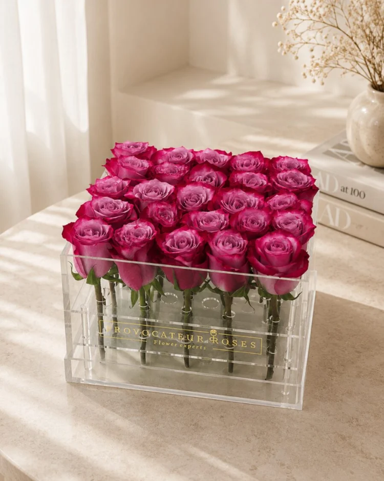 Preserved roses in acrylic box