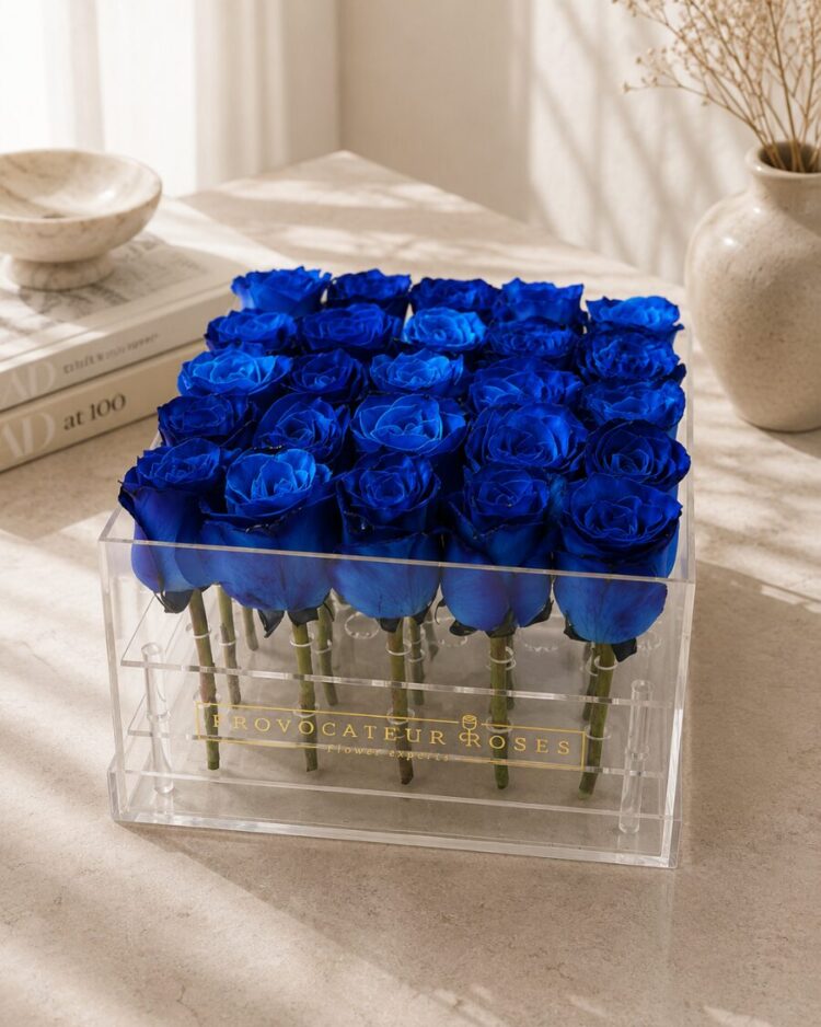 Rosas preservadas ocean blue en caja acrílica