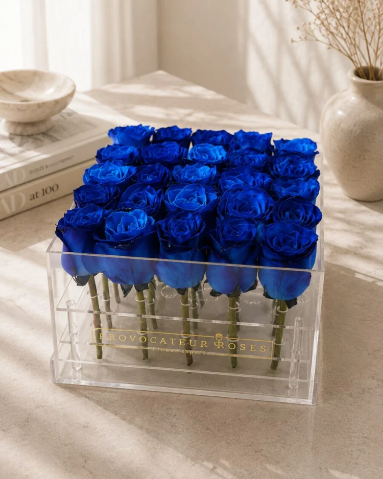 Ocean blue preserved roses in acrylic box