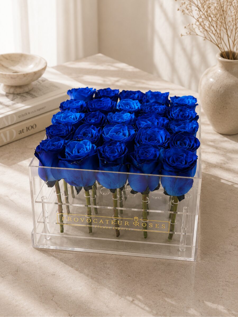Rosas preservadas ocean blue en caja acrílica