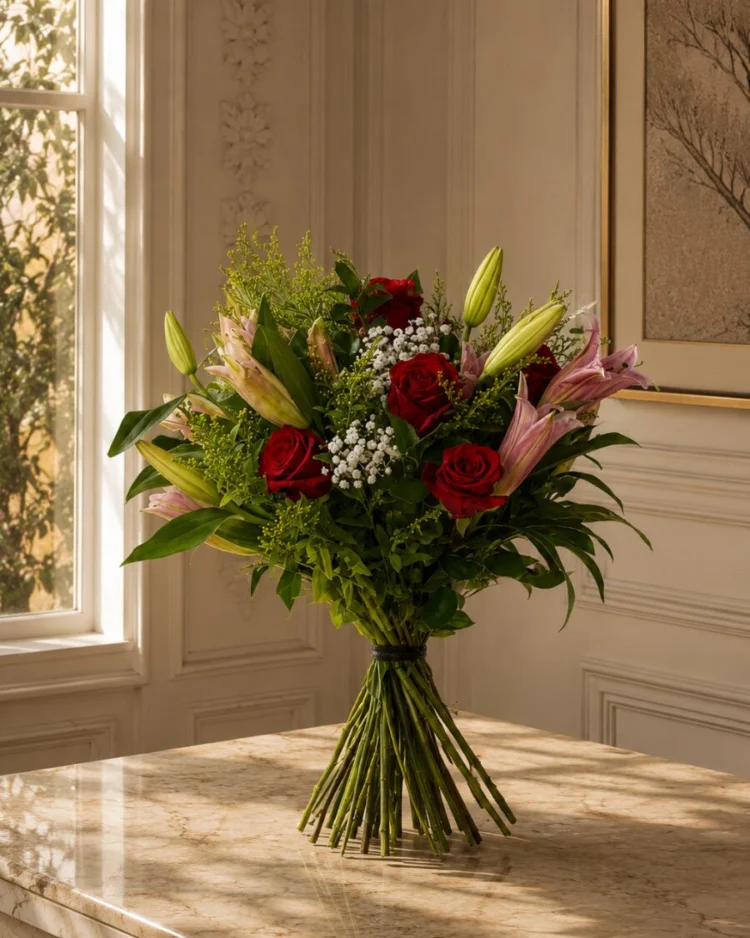 Bouquet of Pink Lilium and Red Roses