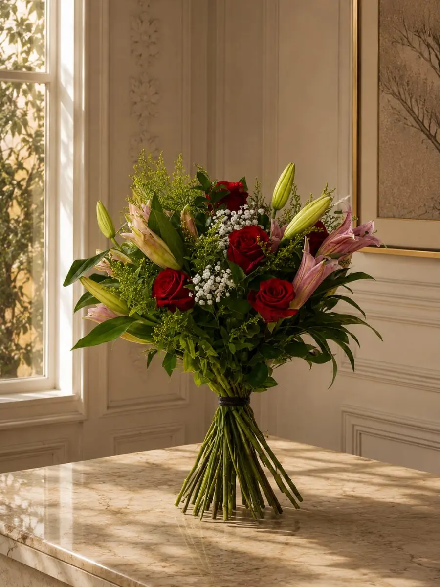 Bouquet of Pink Lilium and Red Roses