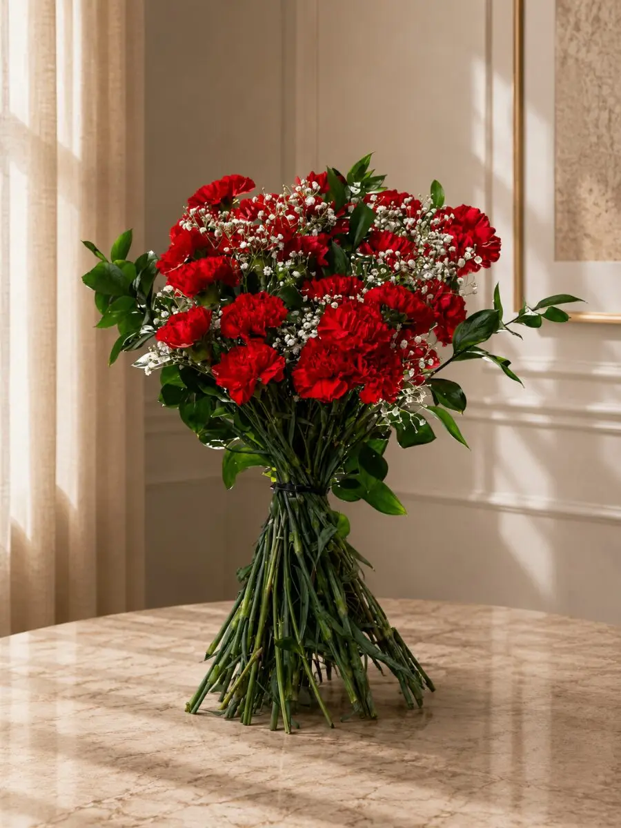 Bouquet of 24 Red Carnations with Greenery