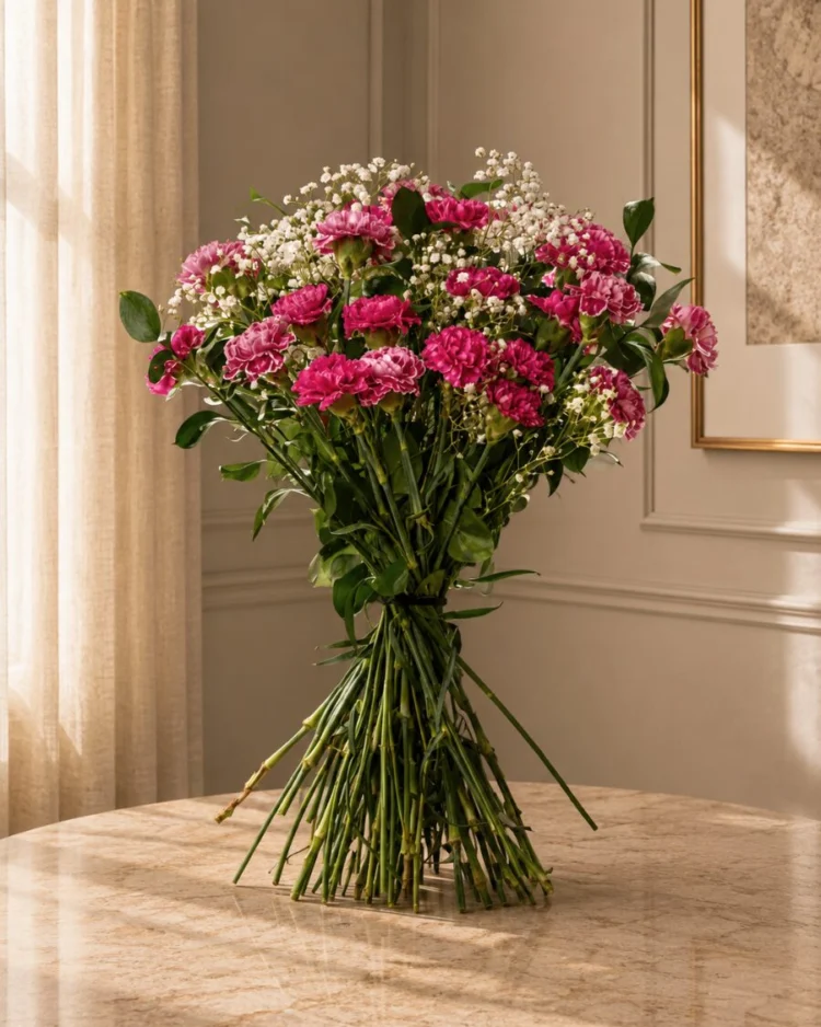 Bouquet of 24 Bicolor Pink and White Carnations with Greens