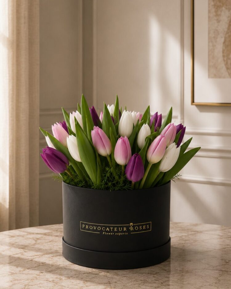 Caja de tulipanes morados rosas y blancos