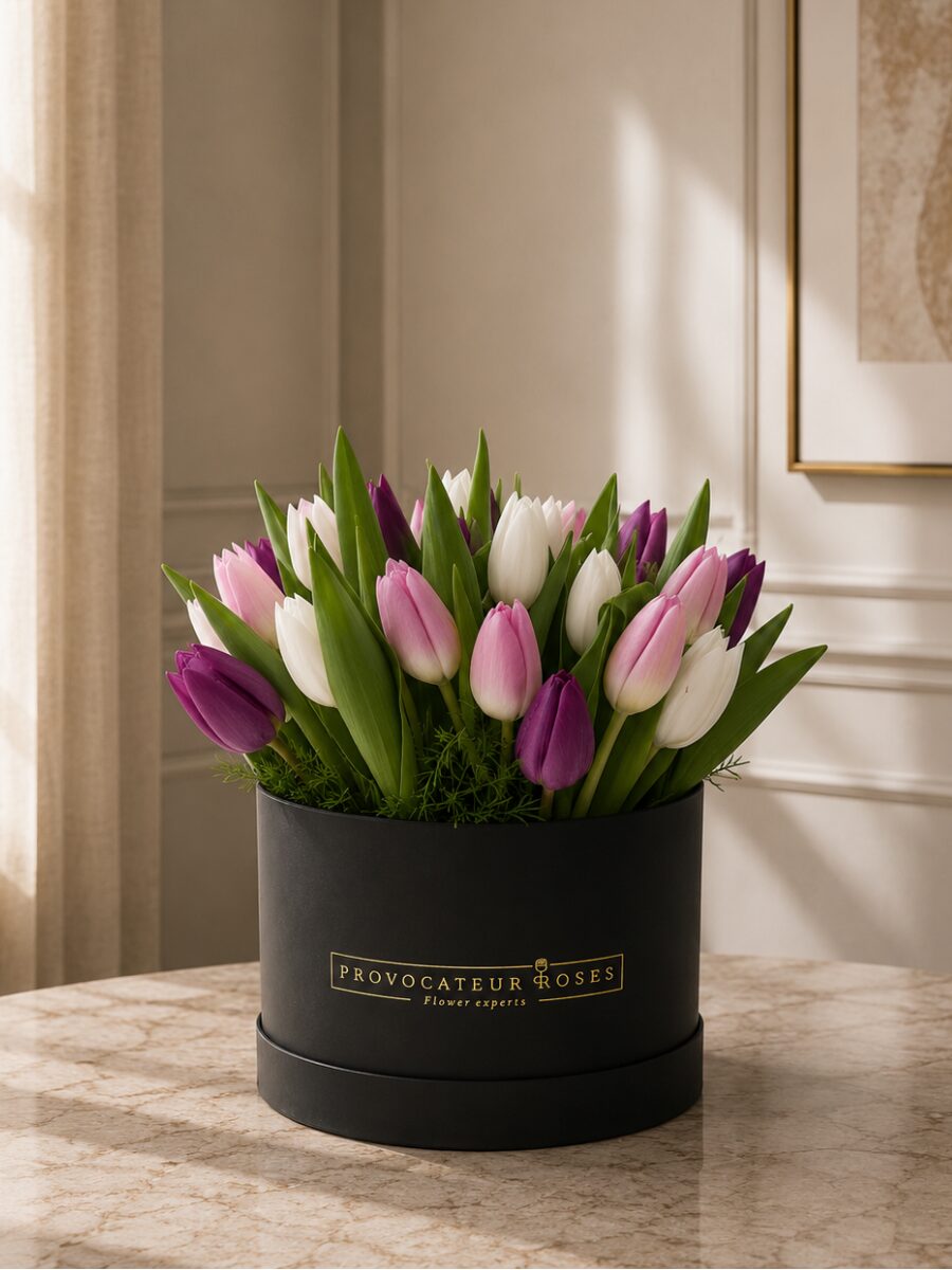 Caja de tulipanes morados rosas y blancos