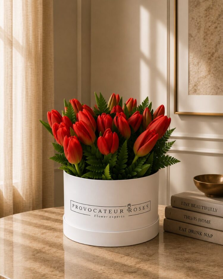 Caja de tulipanes rojos