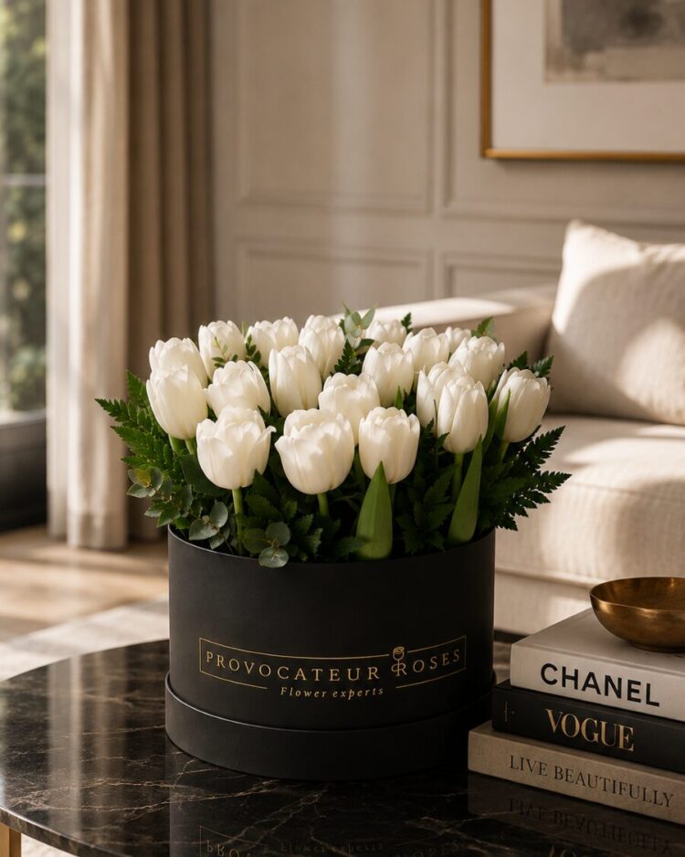 Caja de tulipanes blancos